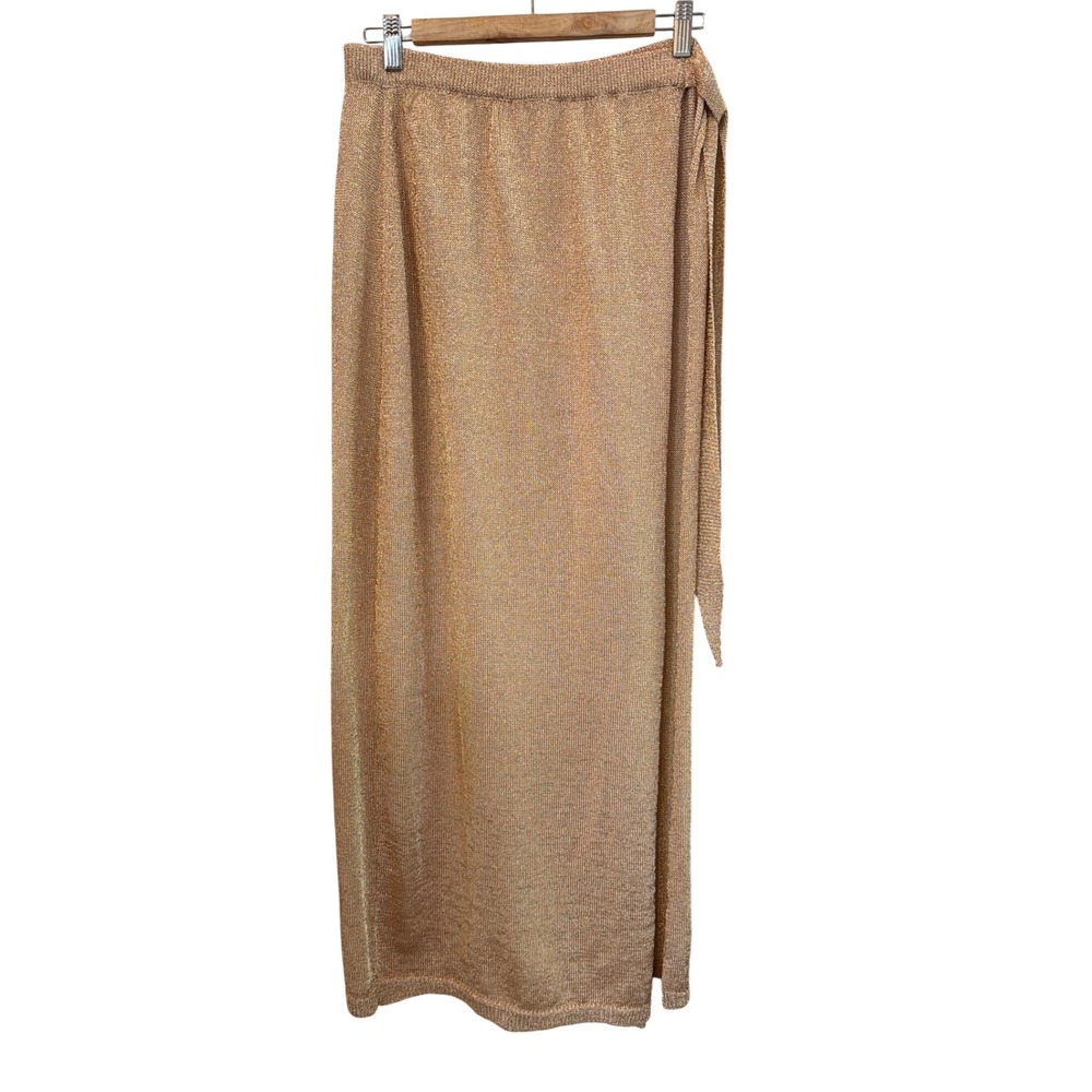 Lovers and Friends Metallic Knit Maxi Skirt Rose Gold Lurex Wrap Slit Size L